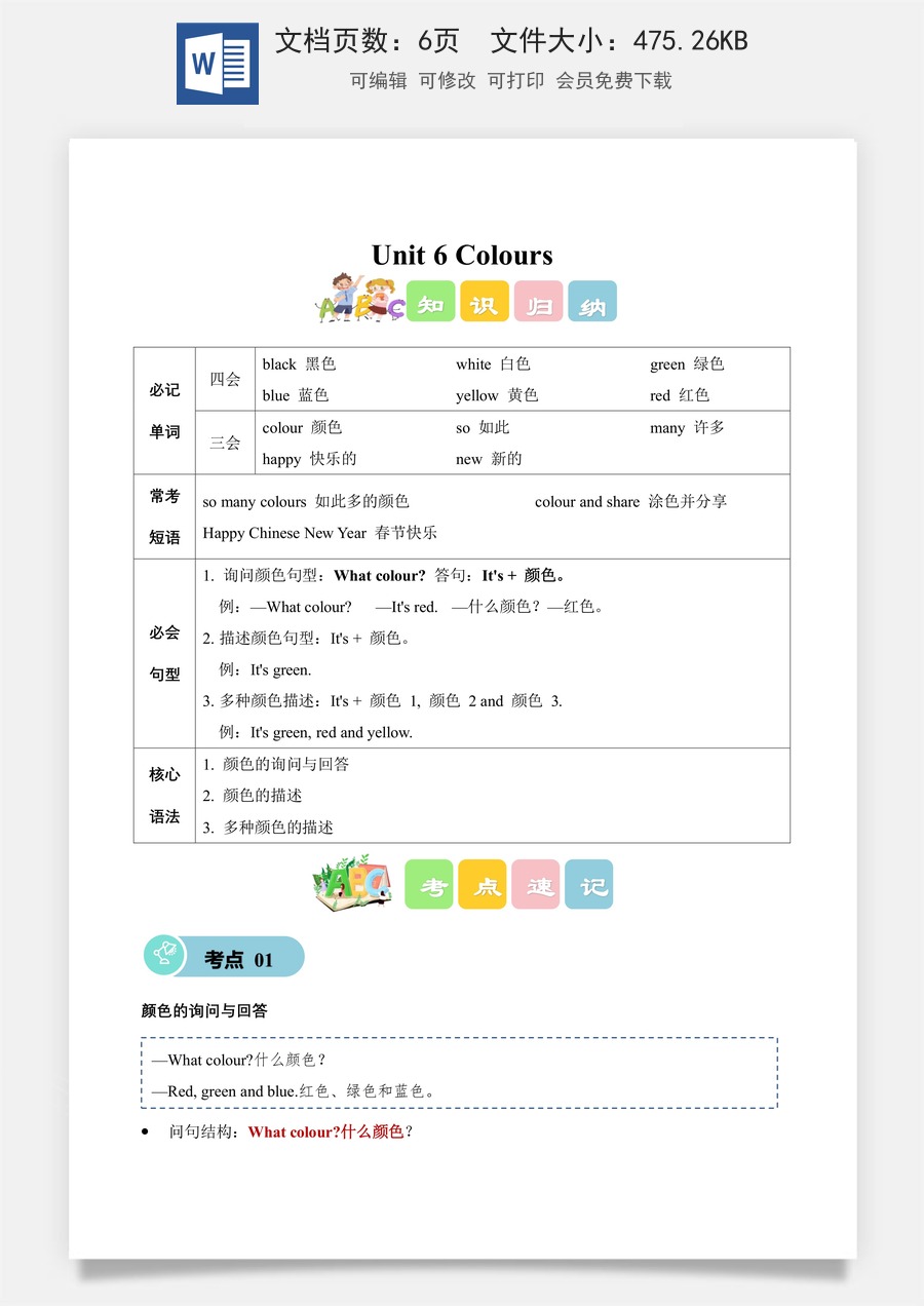 小学-英语-一年级上-外研版-Unit 6 Colours（知识清单）.docx